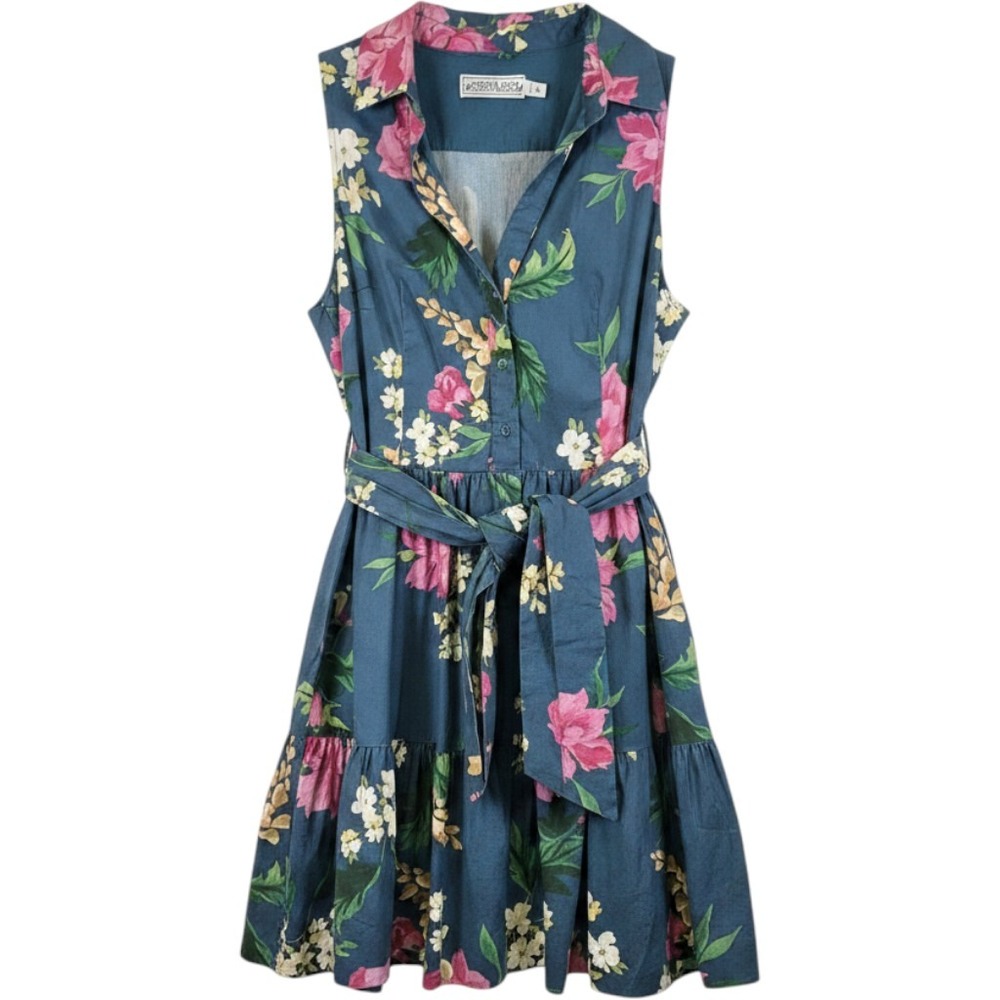 Vineyard Vines Kentucky Derby Floral Shirt Dress Blue Pink Sleeveless Belted 8